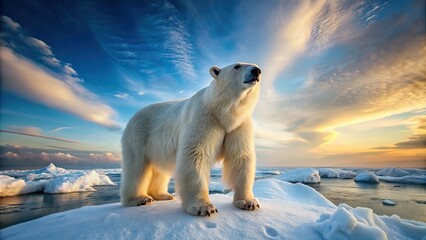 Majestic polar bear stands on snowy Arctic landscape, gazing up at bright blue sky with serene expression, showcasing majestic beauty in its natural habitat.