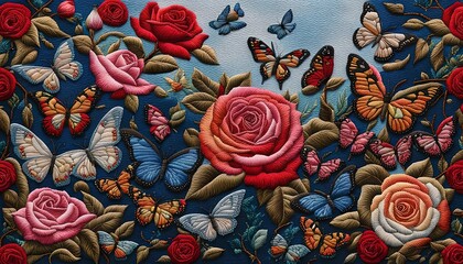 Embroidery Art Rose Butterfly Handmade Background