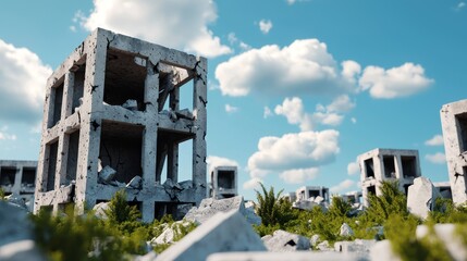 abandoned concrete structure ruins with green overgrowth and blue sky background - post-apocalyptic landscape.