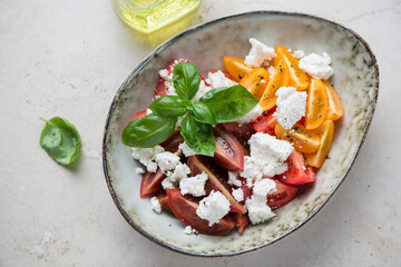 Bowl of tomato salad with ricotta and basil, horizontal shot on a light-beige stone background, high angle view