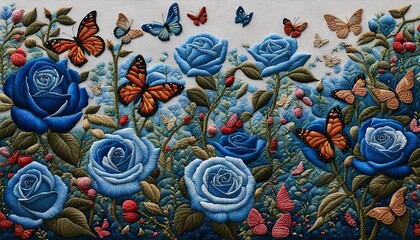 Embroidery Art Rose Butterfly Handmade Background