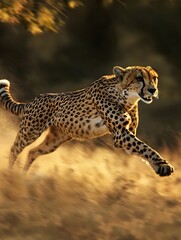 Obraz premium Cheetah Sprinting Across the Sun Dappled Savanna in Dynamic Futurist Inspired Composition