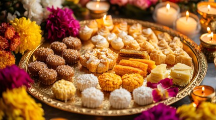Fototapeta premium Close up of traditional Diwali sweets like laddus, barfi, and jalebis, artfully arranged on a golden tray surrounded by flowers and candles