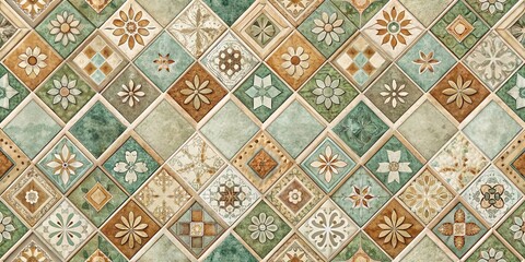 Geometric retro background with ceramic-inspired tiles in muted tones and textures, perfect for a vintage aesthetic