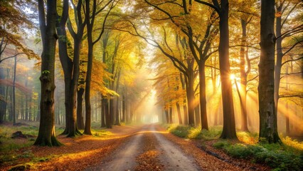 Fototapeta premium Misty dawn breaks over a serene forest landscape with towering deciduous trees, glowing golden foliage, and a meandering dirt path in the Netherlands.