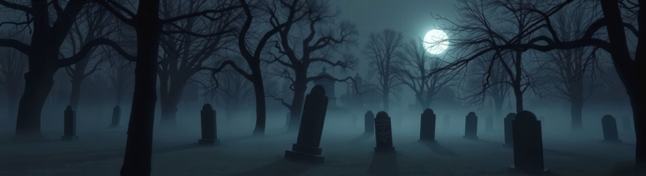 Un cimeti&egrave;re brumeux s&rsquo;&eacute;tend &agrave; perte de vue, les silhouettes des croix et des tombes se d&eacute;coupent &agrave; peine, cr&eacute;ant une sc&egrave;ne lugubre et oppressante.
