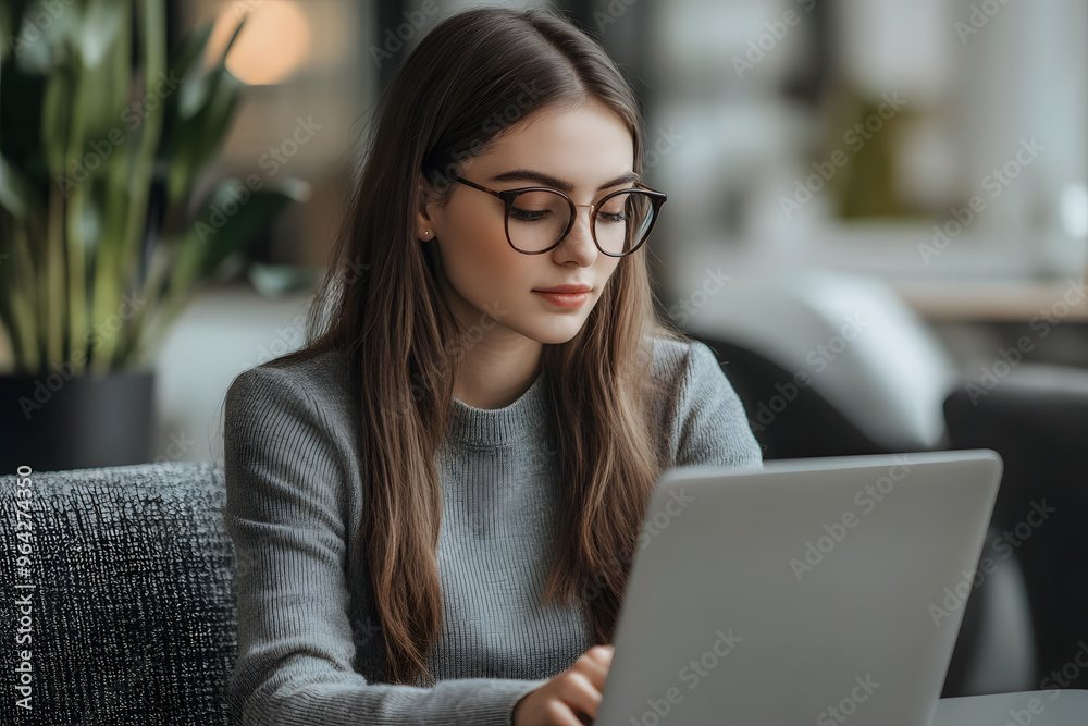 Poster young beautiful woman working laptop a modern workspace