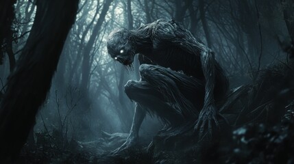 Detailed and Eerie Illustration of a Skin-Walker with Glowing Eyes and a Shifting Form, Capturing the Supernatural and Unsettling Nature of this Mythical Creature