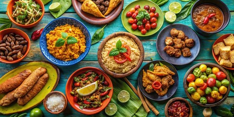 Mouthwatering Assortment Of Traditional Puerto Rican Dishes Arranged On A Vibrant, Colorful Background.