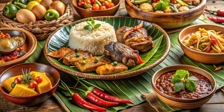 Mouthwatering Filipino Cuisine Beautifully Plated In A Traditional Setting, Showcasing Vibrant Colors And Textures.