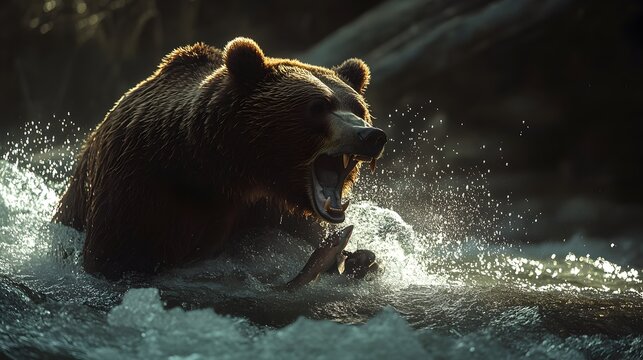 Grizzly Bear Snatching Salmon from Rushing River in Crisp Morning Light