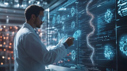 Obraz premium Scientist Conducting AI-Driven Cell Mutation Analysis in Biotech Lab