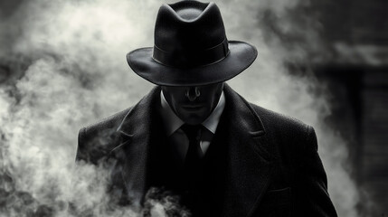 Hombre con sombrero y abrigo en un ambiente de niebla