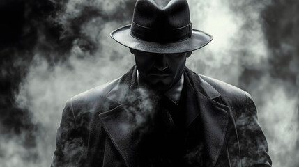 Hombre con sombrero y abrigo en un ambiente de niebla