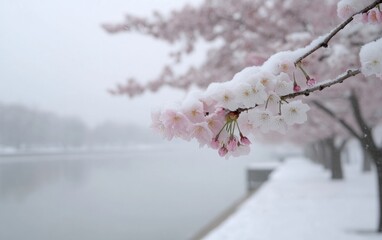 Fototapeta premium Nature’s early frost: onset of early winter as first snow gently covers blooming green landscapes, capturing contrast between nature’s final vibrant colors and season’s cold arrival.