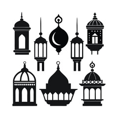 Set of Islamic Lantern Silhouette Illustration, Lantern icon. Decorative for festival, birthday, wedding. Vector illustration. Ornament Islamic Ramadan Lantern Symbol.