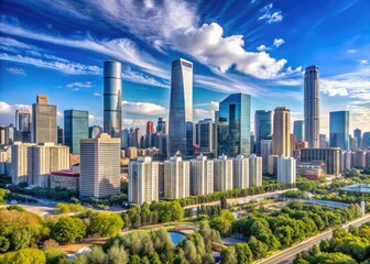 Panoramic Cityscape Of Skyscrapers And High-Rise Buildings Against A Blue Sky In The Metropolitan Center Of Beijing, China.