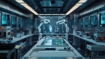 Fototapeta premium Sterile Futuristic Biotechnology Research Lab with Robotic Genetic Sample Handling Systems
