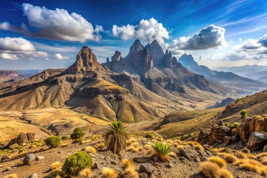 Panoramic Image Of The Rugged, Barren Peaks Of Ras Dashen, The Highest Mountain In Ethiopia