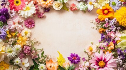 Obraz premium A blank and light-colored background framed by an assortment of colorful flowers