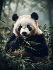 Fototapeta premium Majestic Panda Bear Contentedly Chewing Bamboo in Verdant Forest Glen