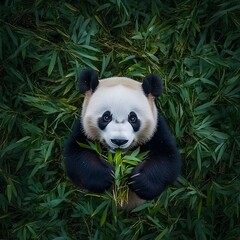 Fototapeta premium Indulgent Panda Feast Amid Flourishing Forest Captured from Aerial Perspective