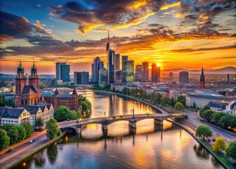Panoramic sunset view of the bustling Main River waterfront in Frankfurt, Germany, with sleek skyscrapers, historic bridges, and vibrant urban landscape.