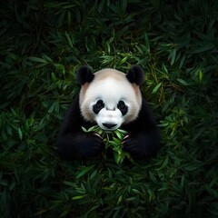 Overhead View of Panda Bear Contentedly Munching on Bamboo in Verdant Forest
