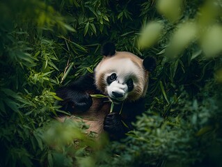 Fototapeta premium Panda Bear Feeding in Lush Green Bamboo Forest with Soft Ambient Lighting