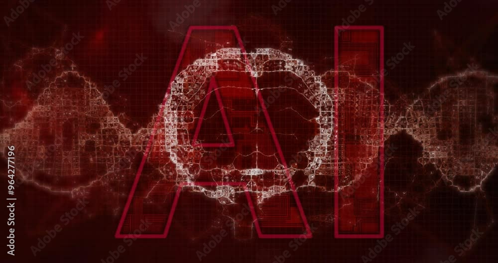Poster ai text with dna strand and digital data processing over red background