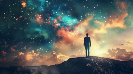 Fototapeta premium Man Standing on Mountain Under Starry Sky Illustration, Reflecting on Life and Universe