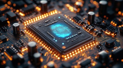 A close-up of a computer chip with a glowing blue light, representing technology and processing power.