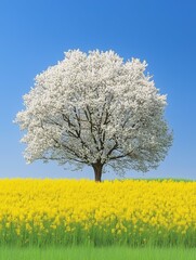 Beautiful and huge tree with white flowers in a field of yellow flowers.