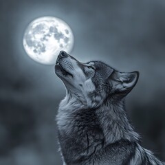 Naklejka premium Haunting Portrait of a Gray Wolf Howling Under the Moonlit Fog