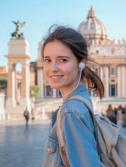 a beautiful sporty girl of 30 years old with small white earbuds, wearing a light gray t-shirt and a denim shirt and a backpack, walking on the streets of Rome, in the blur background Rome 