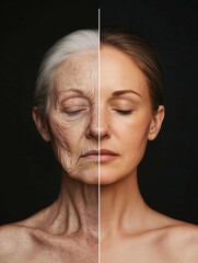 Portrait of a woman. The left side of the image shows her already aged appearance, with wrinkles and signs of aging evident. On the right, her skin is rejuvenated and radiant, representing a dramatic 