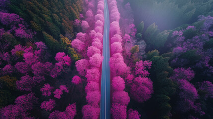 Fully symmetrical Japanese landscape, cherry blossom trees in bloom