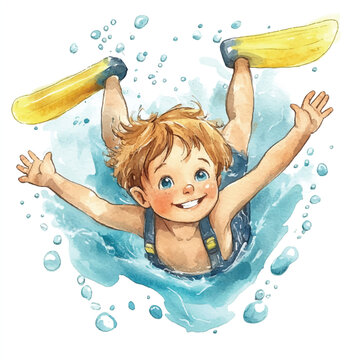 recommend clip art: cute kid playing diving watercolor clipart
