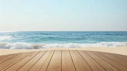 Wooden circular deck on sandy beach with ocean waves and clear sky in backdrop. Product display background with copy space.