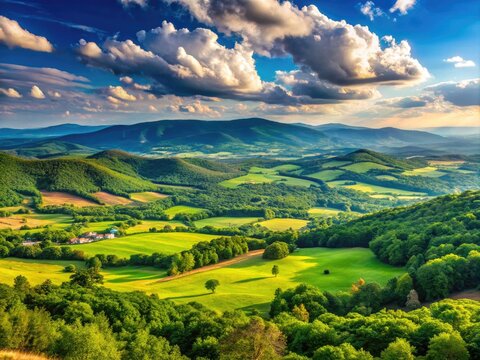 Panoramic View Of The Rolling Green Hills And Distant Mountains Of The Shenandoah Valley