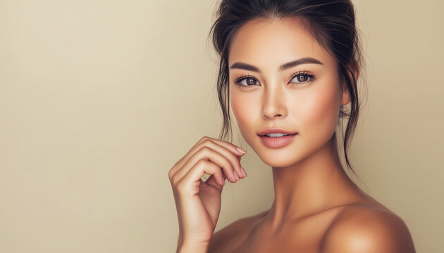 close-up portrait of a beautiful young woman with flawless skin and natural beauty, captured in soft lighting against a neutral background, showcasing elegant features and delicate expression in a bea