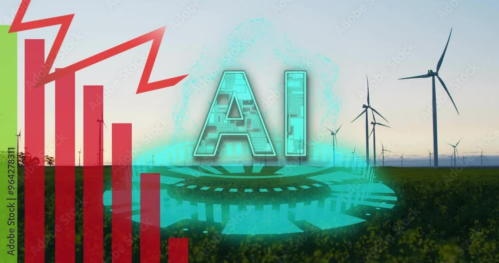 Poster ai text and data processing over wind turbines in green field