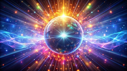 Obraz premium Glowing orb suspended in mid-air, pulsating with vibrant colors, surrounded by a halo of sparkles, radiating an electric aura of fun and excitement