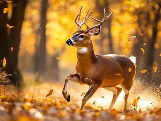 Graceful White Tailed Deer Galloping Through Sunlit Forest Clearing with Powerful Movements and