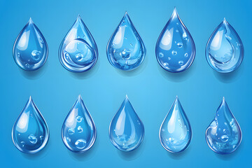 Realistic water droplets vector style set isolated on blue background	