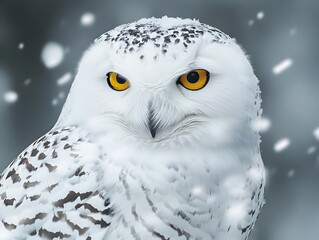 Intense Gaze of a Snowy Owl Surrounded by Gentle Snowflakes in Serene Winter Wonderland