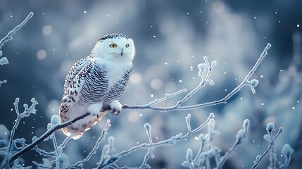 Regal Snowy Owl Perched on Frosted Branch Amid Flurry of Snowflakes in Serene Winter Morning