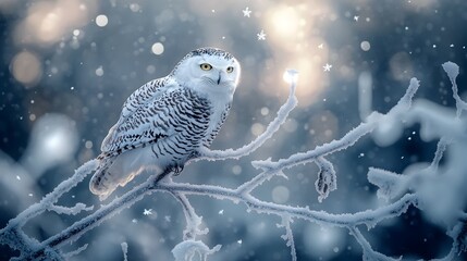Regal Snowy Owl Perched on Frosted Branch amid Swirling Snowflakes in Glowing Winter Scene