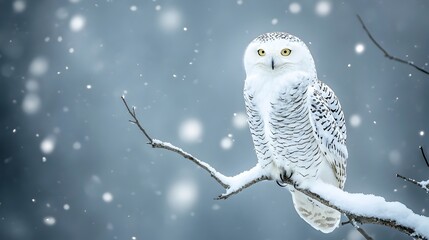 Regal snowy owl perched on snow dusted branch surrounded by drifting snowflakes