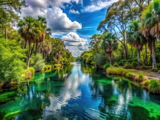 Obraz premium Picturesque View Of A Tranquil River Winding Through A Subtropical Forest In Crystal River, Florida.
